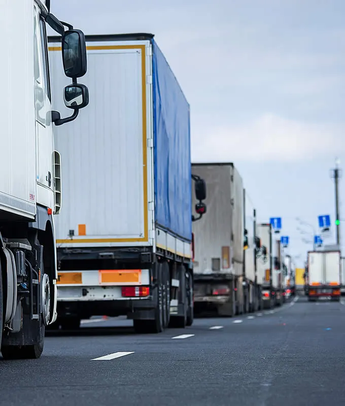 Trucks queued at a border crossing